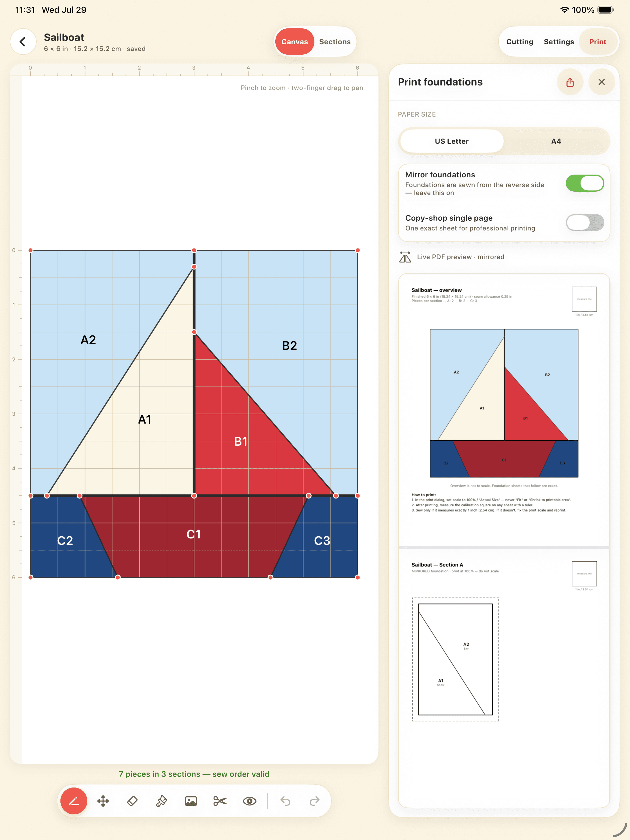 Piecework FPP editor showing a sailboat pattern and print foundations on iPad