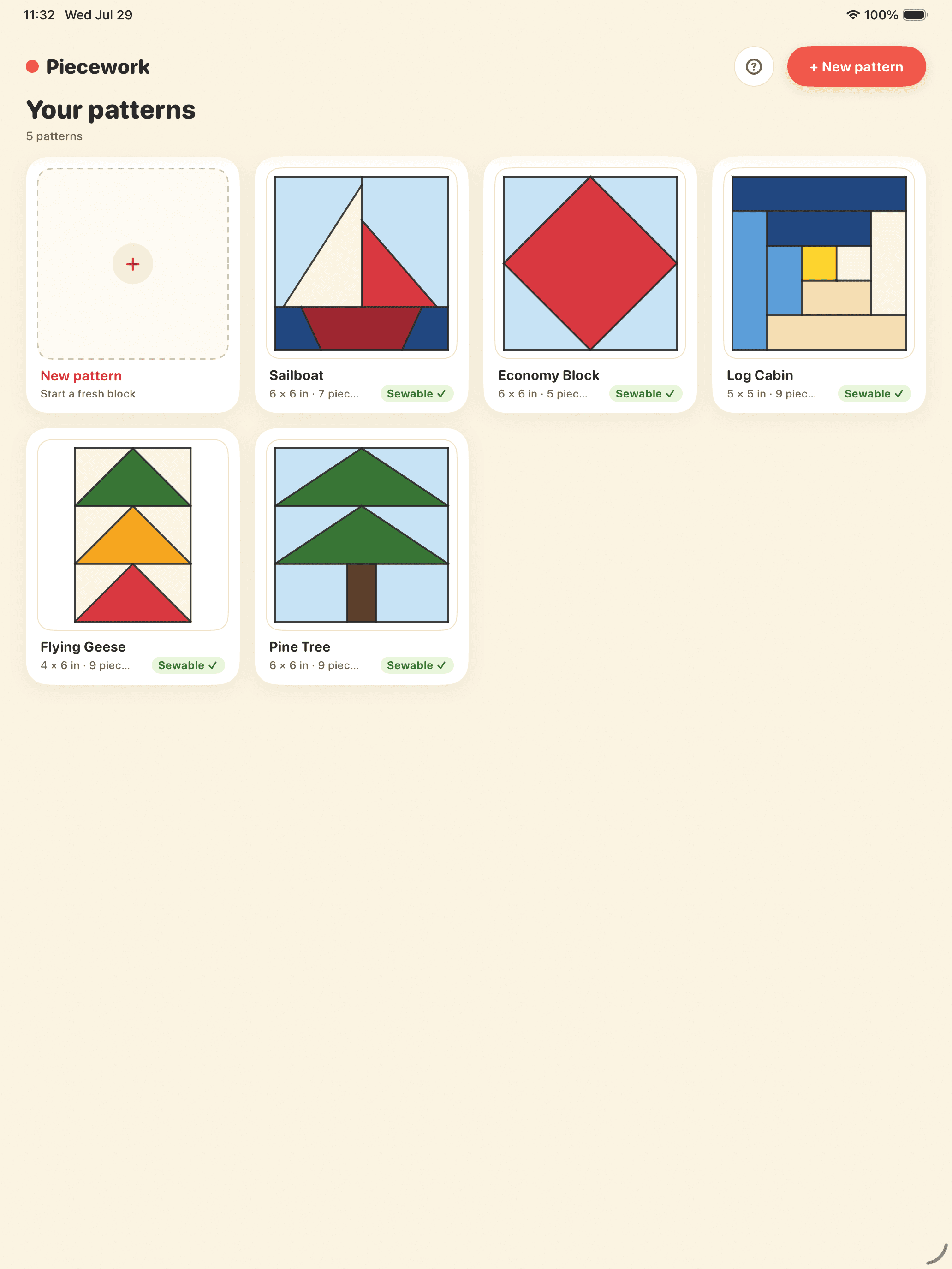 Piecework library of saved foundation paper-piecing patterns on iPad