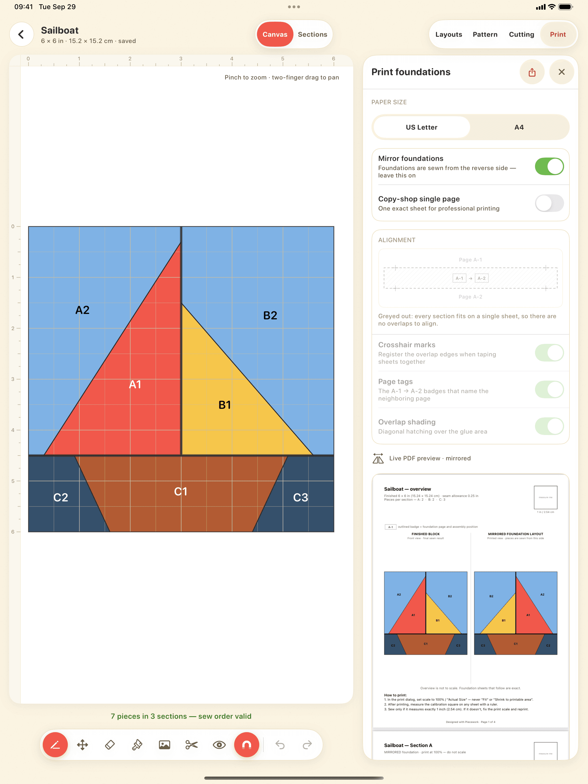 Piecework editor showing a sailboat foundation pattern and live print preview on iPad