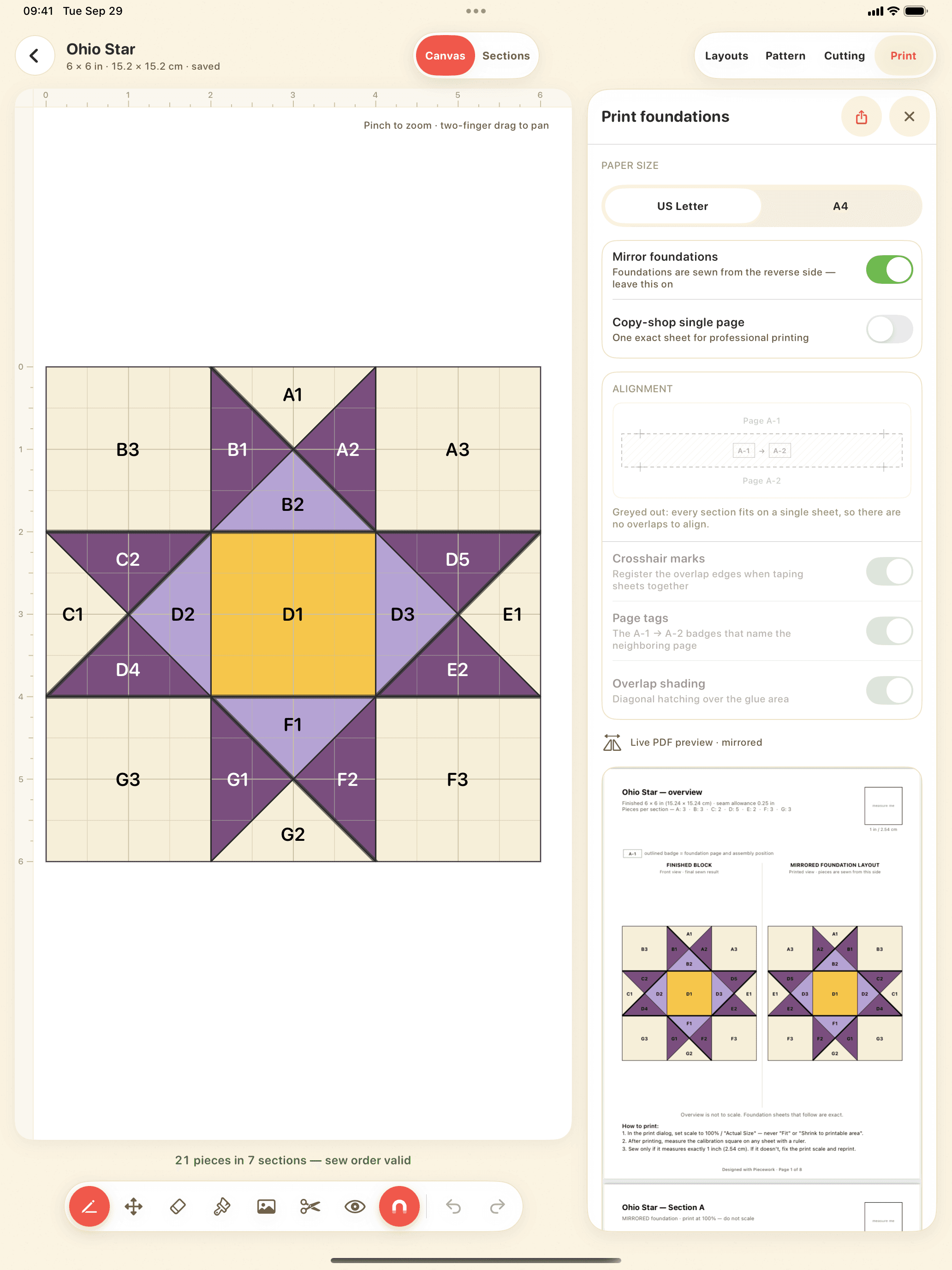 Piecework print panel for an Ohio Star block with mirroring, copy-shop, and tiling options beside the live PDF preview