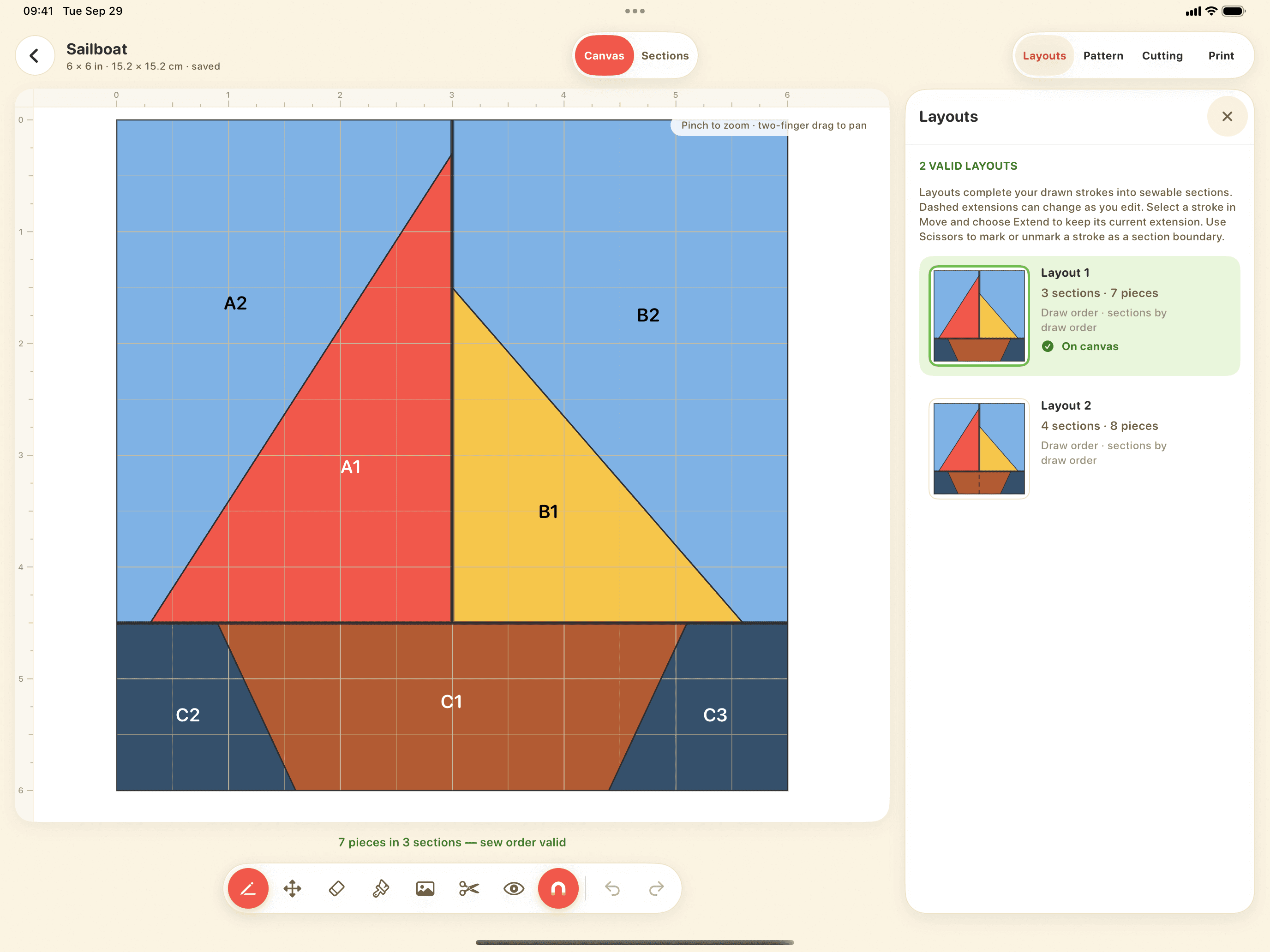 Piecework Layouts panel comparing two valid sailboat layouts on iPad